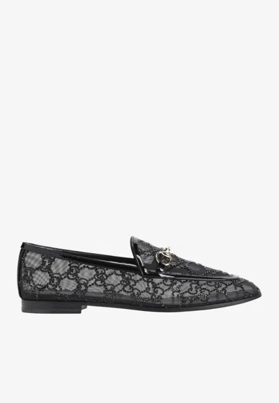 Gucci Almond Toe Mesh Loafers Embellished With Crystals In Black