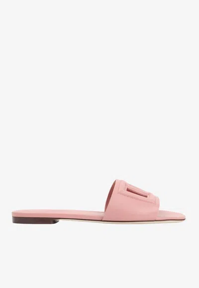 Dolce & Gabbana Women Pink Slide Sandals With Cut Out Logo In Leather Woman