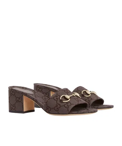 Gucci Mules Block Heel Metallic Hardware Open Toe In Brown