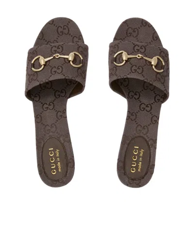 Gucci Mules Block Heel Metallic Hardware Open Toe In Brown