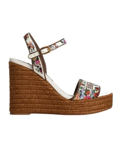 Dolce & Gabbana Leather-trimmed Embroidered Canvas Platform Wedge Sandals In Brown