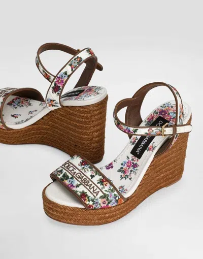 Dolce & Gabbana Leather-trimmed Embroidered Canvas Platform Wedge Sandals In Brown