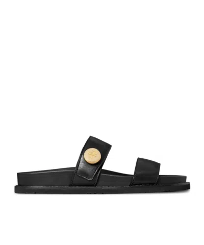 Tory Burch Romy Leather Double Strap Slide Sandals In Black