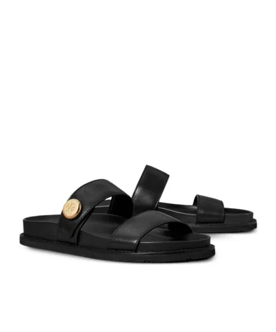 Tory Burch Romy Leather Double Strap Slide Sandals In Black