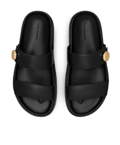 Tory Burch Romy Leather Double Strap Slide Sandals In Black