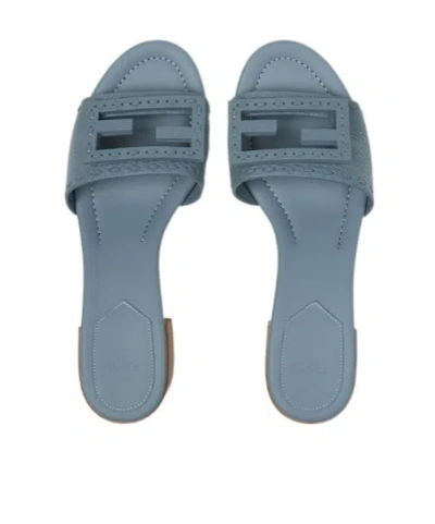 Fendi Baguette Mercury Blue Leather Medium-heel Slides