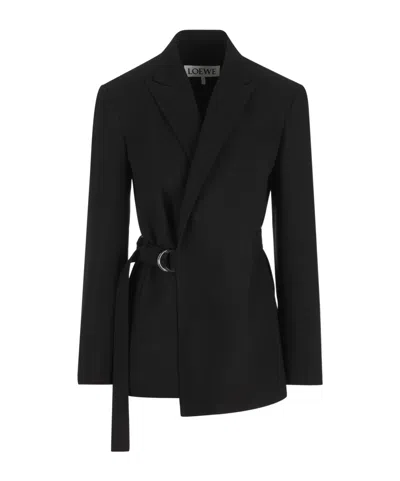 Loewe Womens Black Peak-lapel Draped Wool And Leather Blend Jacket In Black