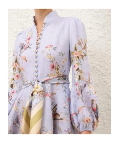 Zimmermann Rebellion Multicolor Midi Dress With Bow Detail On The Front And All-over Floral Print In Linen Woma In Blue