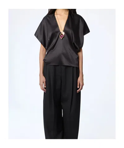 Nina Ricci Silk Top V Neckline Draped Back In Black