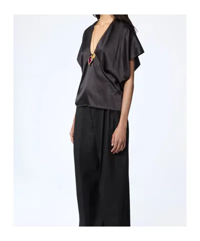 Nina Ricci Silk Top V Neckline Draped Back In Black