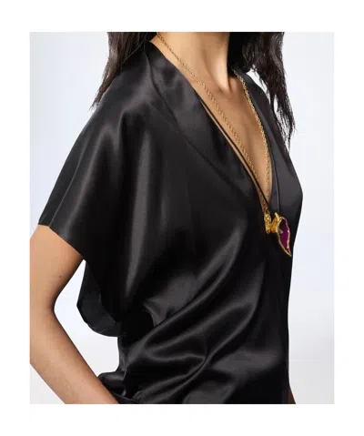 Nina Ricci Silk Top V Neckline Draped Back In Black