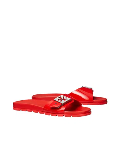 Tory Burch Buckle Slides Sandals Open Toe Flat Sole In Red