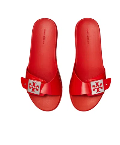Tory Burch Buckle Slides Sandals Open Toe Flat Sole In Red