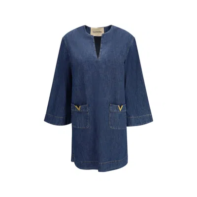 Valentino Vlogo Signature Denim Dress Three Quarter Sleeves In Blue