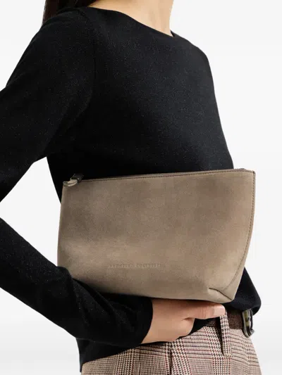Brunello Cucinelli Suede Pouch With Shiny Zipper Pull In Gray