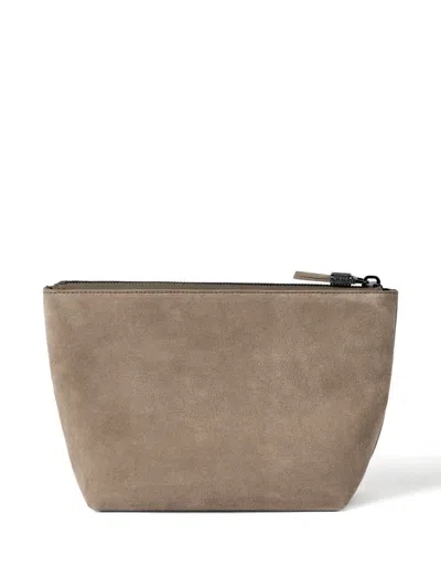 Brunello Cucinelli Suede Pouch With Shiny Zipper Pull In Gray