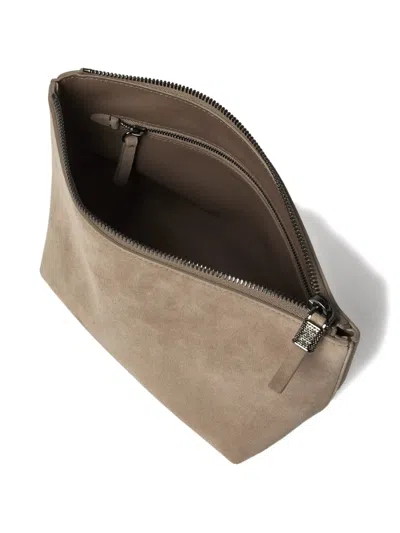 Brunello Cucinelli Suede Pouch With Shiny Zipper Pull In Gray