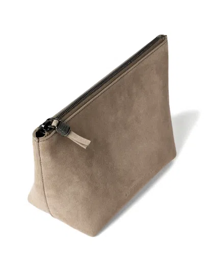 Brunello Cucinelli Suede Pouch With Shiny Zipper Pull In Gray