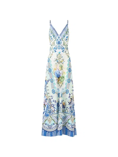 Camilla Crystal-embellished Floral-print Silk-satin Maxi Dress In Blue