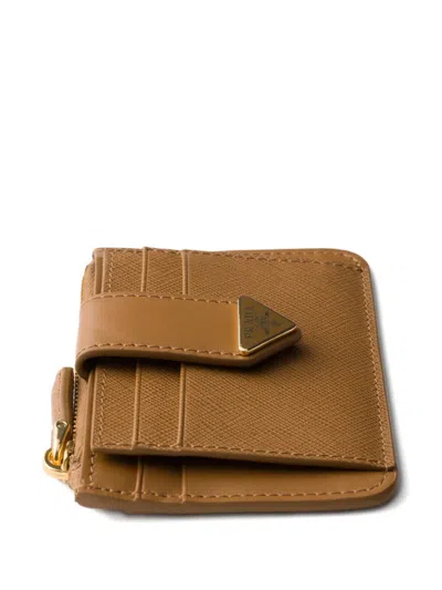 Prada Saffiano And Smooth Leather Card Holder In Brown
