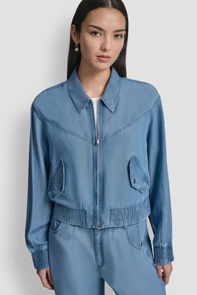 Dkny Front Zip Chambray Bomber In Blue