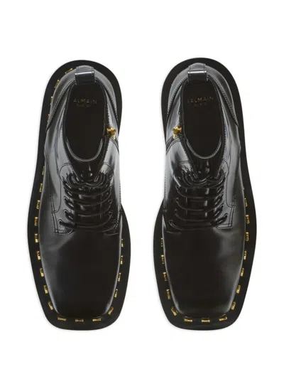 Balmain Glazed Leather Army Boots In Black