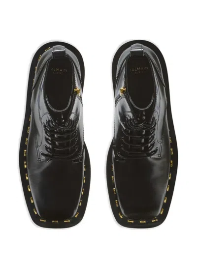 Balmain Glazed Leather Studded Boots In Black