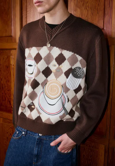 House Of Sunny Daily Grind Jacquard Knit V Neck Sweater In Multi