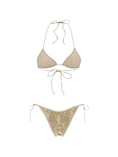 Oseree Marylin Polyester Sequin Halter Triangle Bikini In Neutral