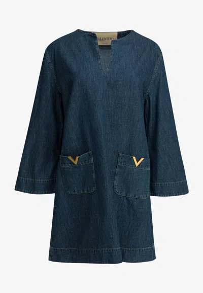 Valentino Vlogo Signature Denim Dress Three Quarter Sleeves In Blue