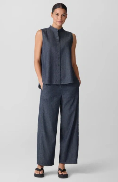 Eileen Fisher Airy Organic Cotton Twill Sleeveless Shirt In Denim In Blue