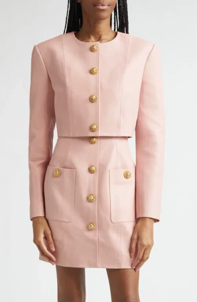 Balmain Women Long Sleeves Buttoned Lambskin Cropped Jacket In Pink