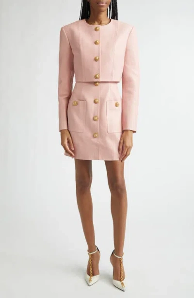 Balmain Women Long Sleeves Buttoned Lambskin Cropped Jacket In Pink