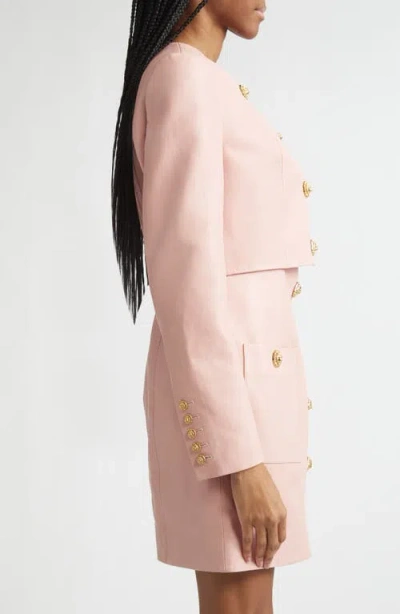 Balmain Women Long Sleeves Buttoned Lambskin Cropped Jacket In Pink