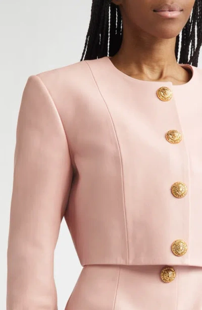 Balmain Women Long Sleeves Buttoned Lambskin Cropped Jacket In Pink