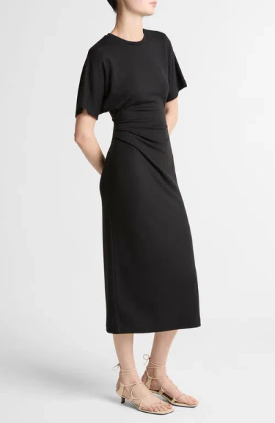 Vince Short-sleeve Ruched Jersey Midi Dress In Black