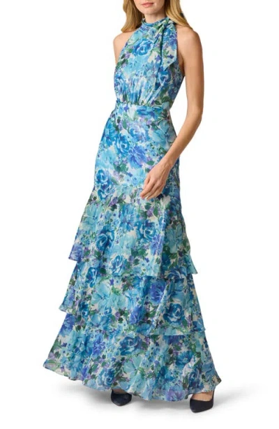 Adrianna Papell Tiered Metallic Floral Chiffon Halter Gown In Blue Multi
