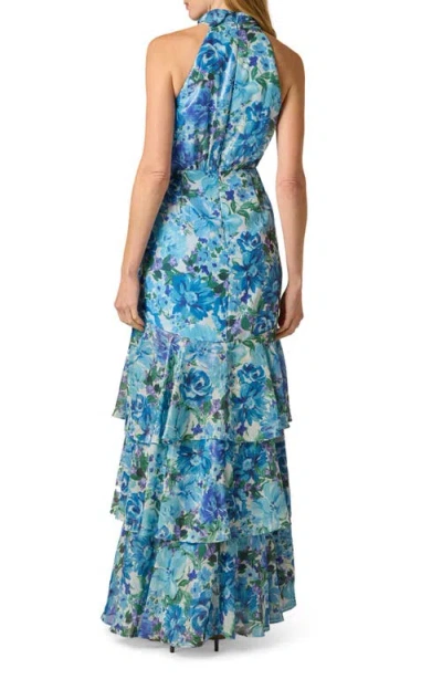 Adrianna Papell Tiered Metallic Floral Chiffon Halter Gown In Blue Multi