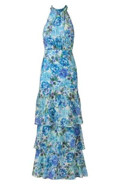 Adrianna Papell Tiered Metallic Floral Chiffon Halter Gown In Blue Multi