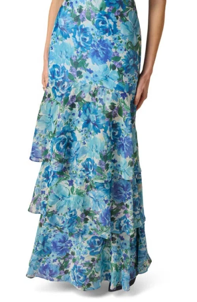 Adrianna Papell Tiered Metallic Floral Chiffon Halter Gown In Blue Multi