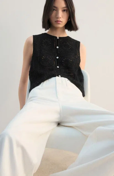 Mango Sleeveless Crochet Button-up Top In Black