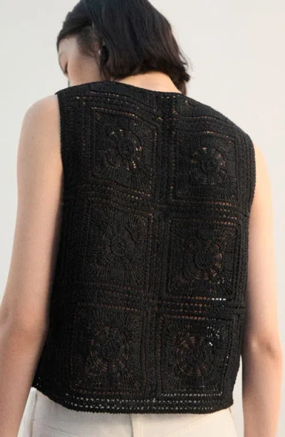 Mango Sleeveless Crochet Button-up Top In Black