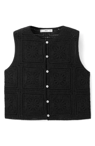 Mango Sleeveless Crochet Button-up Top In Black