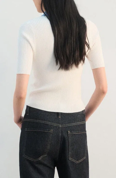 Mango Contrast Collar Half Button Short Sleeve Sweater In White