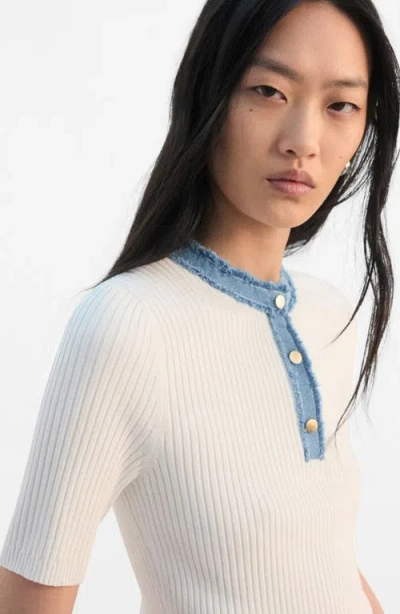 Mango Contrast Collar Half Button Short Sleeve Sweater In White