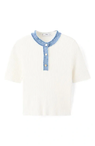 Mango Contrast Collar Half Button Short Sleeve Sweater In White