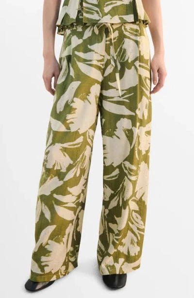 Mango Floral Belted Straight Leg Pants In Green