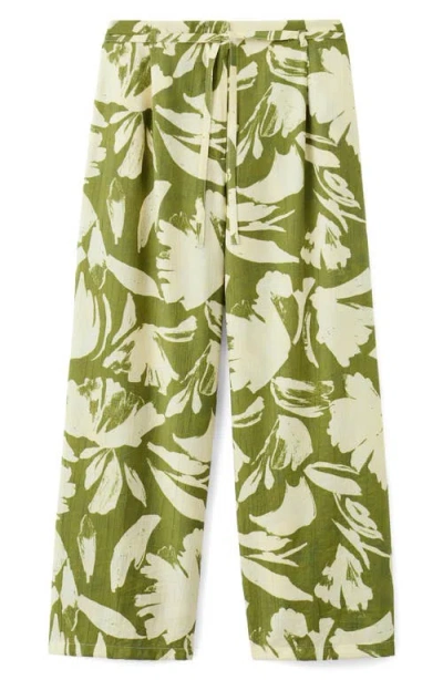 Mango Floral Belted Straight Leg Pants In Green