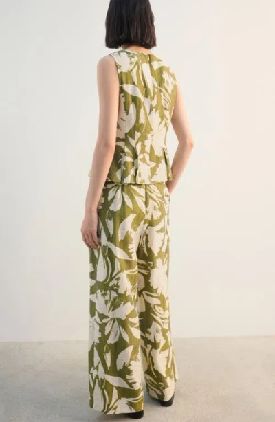 Mango Floral Belted Straight Leg Pants In Green