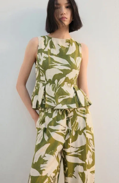 Mango Floral Belted Straight Leg Pants In Green